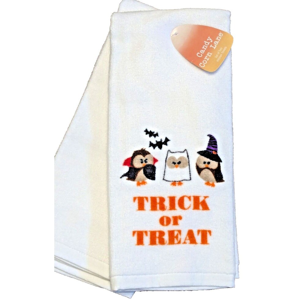 TRICK or TREAT Owl Kitchen Towels Witch Dracula Ghost Costume Bats 2-pc Gift NEW